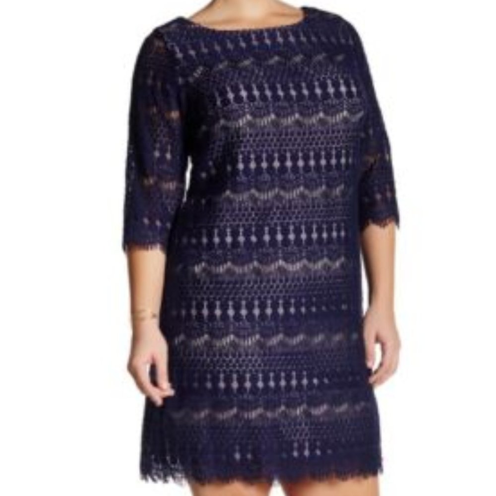 Eliza J: Blue Lace Overlay 3/4 Sleeve Dress - 12